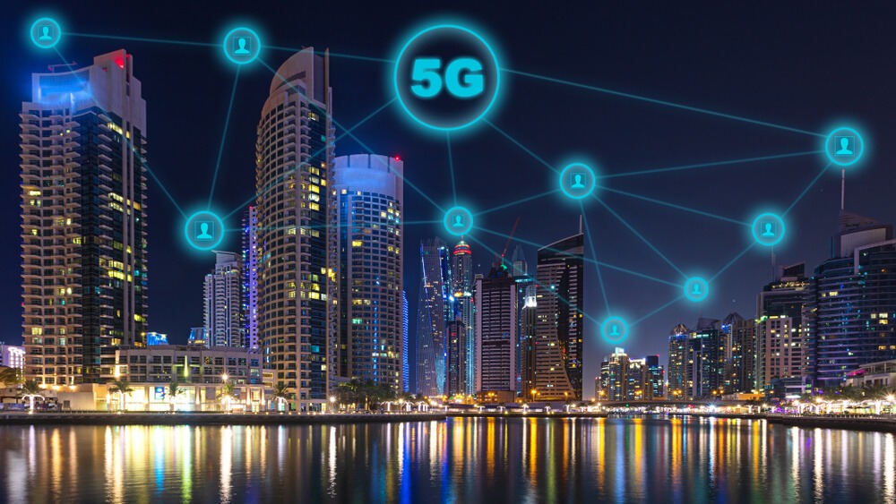 Network connection of future technology with 5g wireless and internet networking sign in night cityscape
