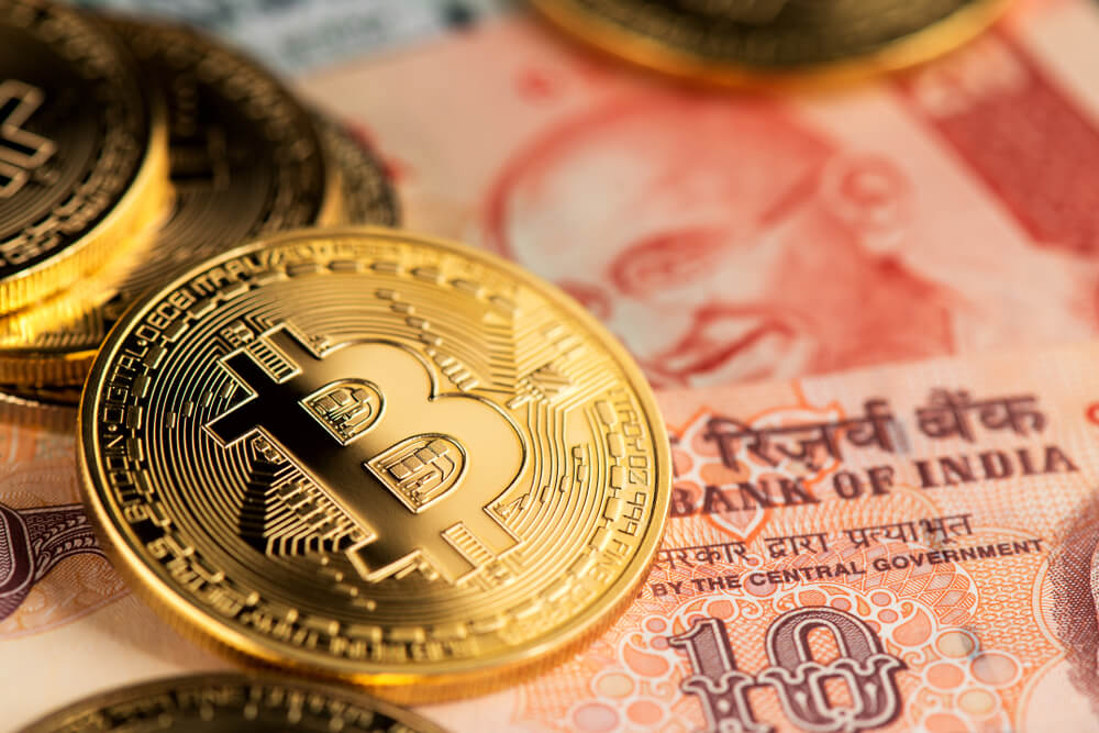 Bitcoin Cryptocurrency and Indian Rupee money.