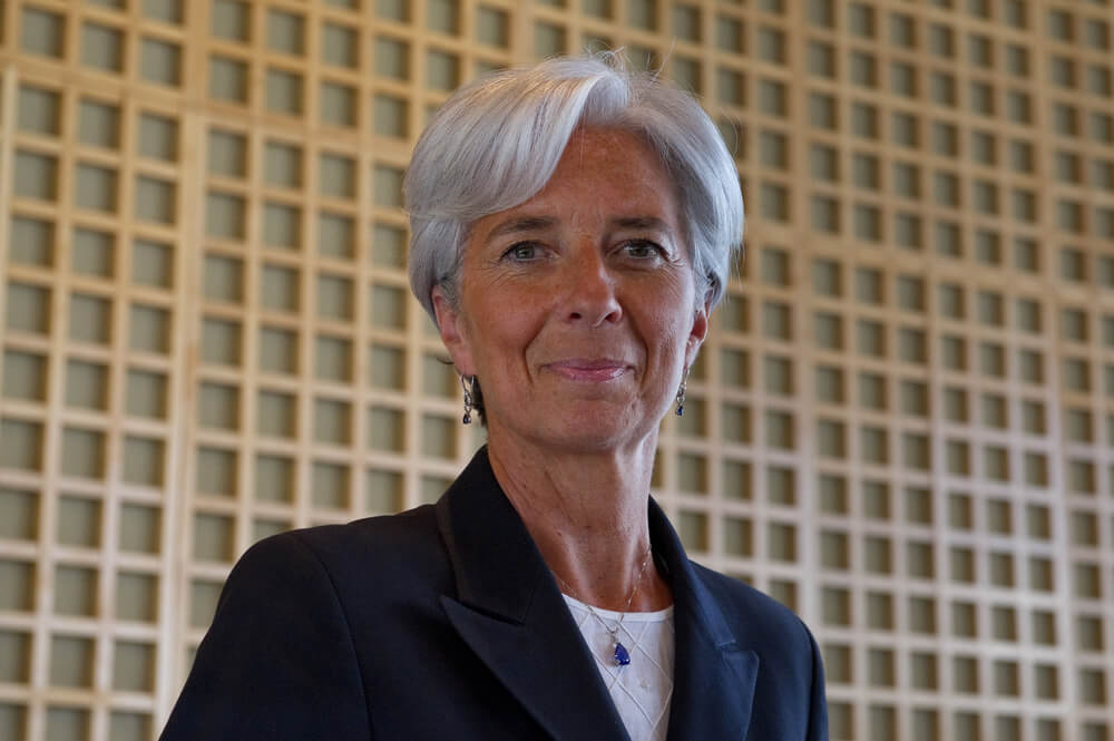 Christine Lagarde with brown mini square background.