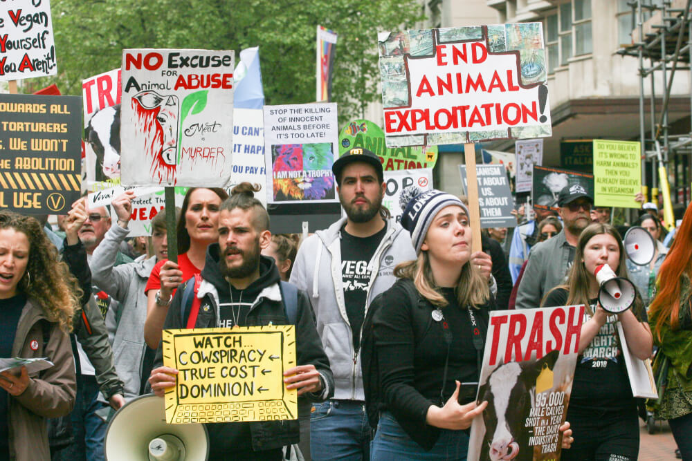 UK citizens with banners on animal rights