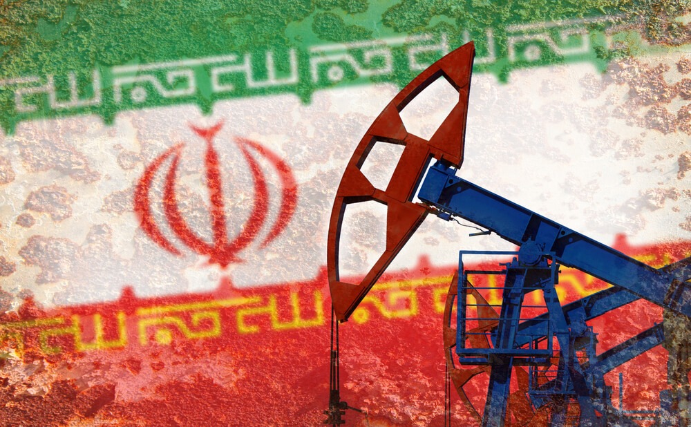 iran flag and a crude crane