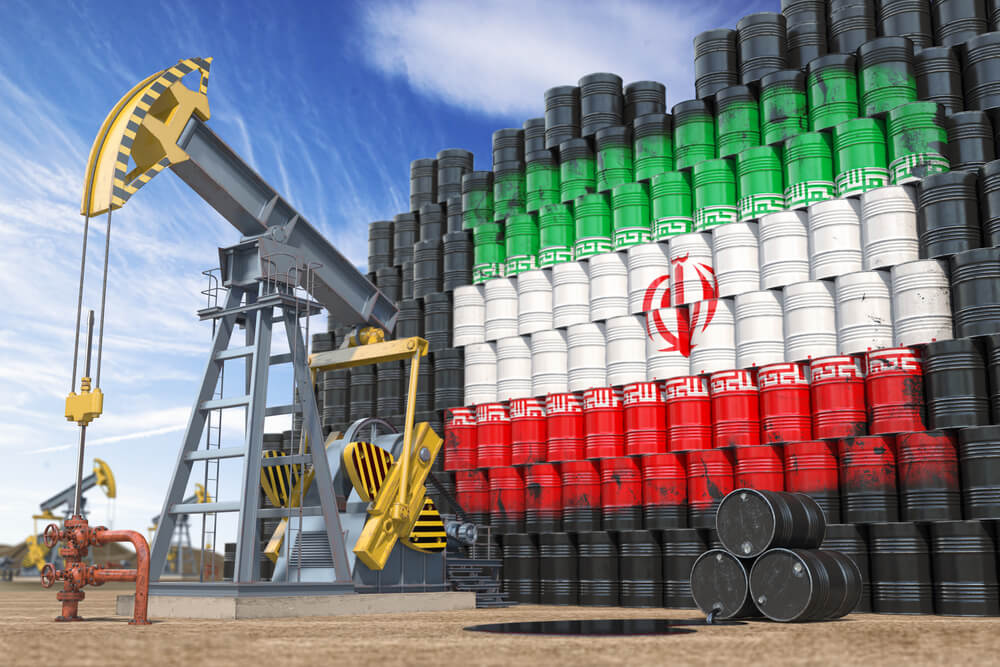 iran flag on crude barrels