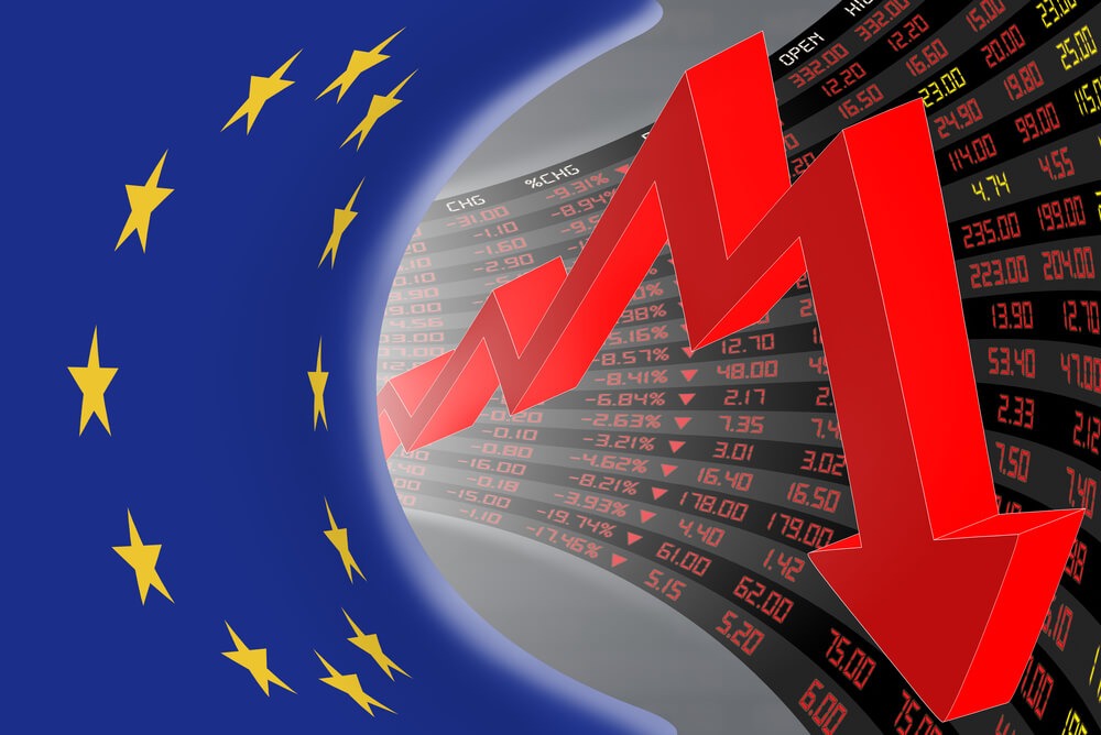 Flag of European Union with a large display of daily stock market price and quotations during economic recession period. The fate and mystery of EU stock market, tunnel concept.