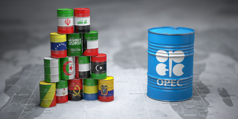 opec logo and member states in oil barrels