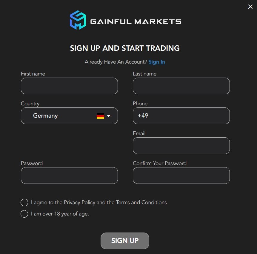 Gainful Markets Registration form