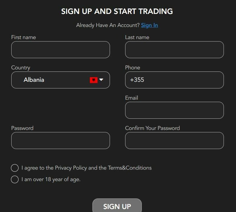 signup and start trading - screenshot of registration form