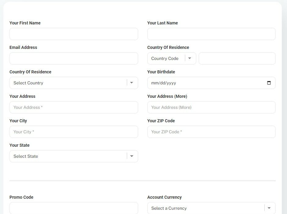 Screengrab of an account registration form with fields for personal information such as First Name, Last Name, Email Address, Country of Residence, Birthdate, Address, City, State, Promo Code, and Account Currency.