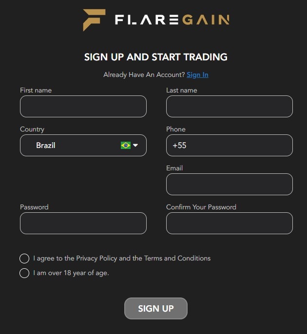 Registration form for FLAREGAIN with fields for first name, last name, country (pre-filled with Brazil), phone number (pre-filled with +55), email, password, and password confirmation. Includes checkboxes for agreement to Privacy Policy and Terms and Conditions, and confirmation of being over 18 years of age, with a 'SIGN UP' button below.