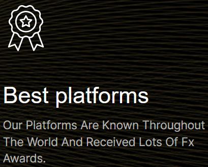 Gamma Holdings REview: An image with a headline "Best platforms" followed by text stating "Our Platforms Are Known Throughout The World And Received Lots Of Fx Awards." The backdrop is a dark textured surface, and there's an icon of a ribbon indicating an award to the top left, signifying the platforms' recognition in the industry