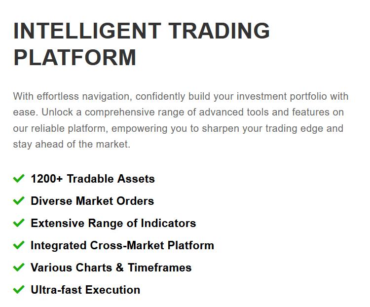 The image appears to be a promotional graphic or a section of a webpage from a Wiolin Review, describing the features of an "INTELLIGENT TRADING PLATFORM". The text emphasizes the ease of navigation and the ability to confidently build an investment portfolio using the platform's advanced tools and features. The platform is highlighted for its reliable performance, which empowers users to maintain a competitive edge in the market. Key features listed include: Over 1200 tradable assets A variety of market orders An extensive range of indicators An integrated cross-market platform Various charts and timeframes Ultra-fast execution of trades This summary of the platform's capabilities showcases Wiolin's commitment to providing a robust and versatile trading experience.
