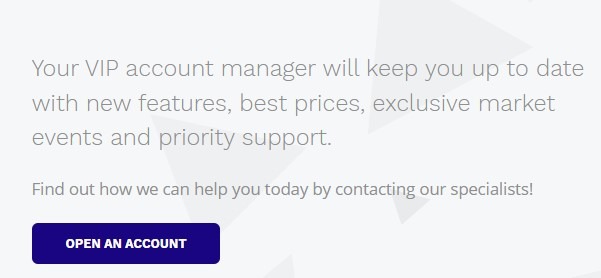 Promotional banner for VIP account management services offering updates on new features, best prices, exclusive market events, and priority support with a call to action to open an account