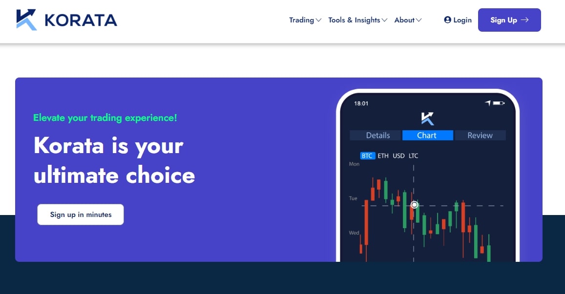 Homepage screenshot of Korata trading platform highlighting its user-friendly interface with a clear call-to-action for signing up, featuring a vibrant purple theme and a dynamic chart displaying Bitcoin, Ethereum, USD, and Litecoin trading options.