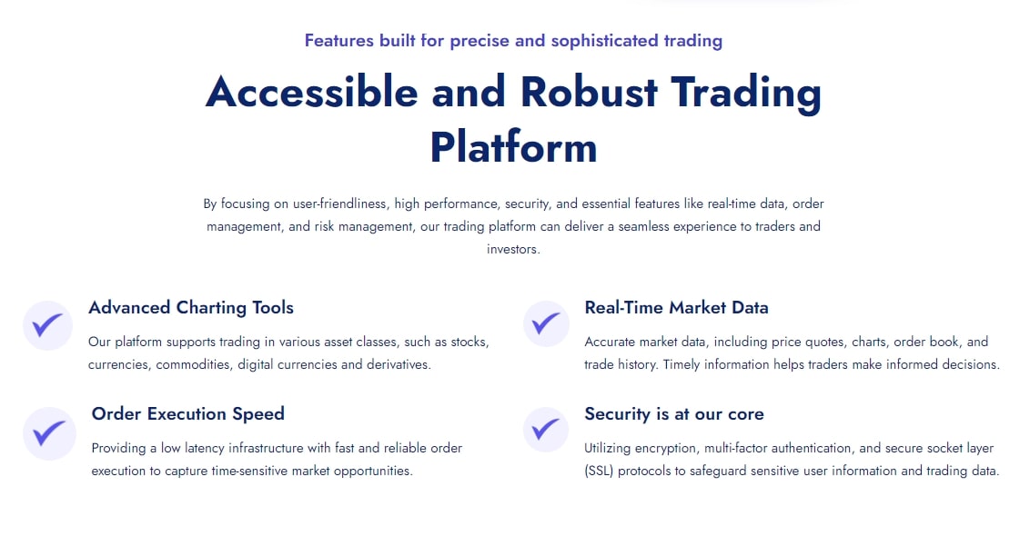 Section of the Korata website detailing the features of their trading platform, emphasizing its accessibility and robustness. Highlights include advanced charting tools, rapid order execution speed, real-time market data, and a strong focus on security with encryption and SSL protocols.