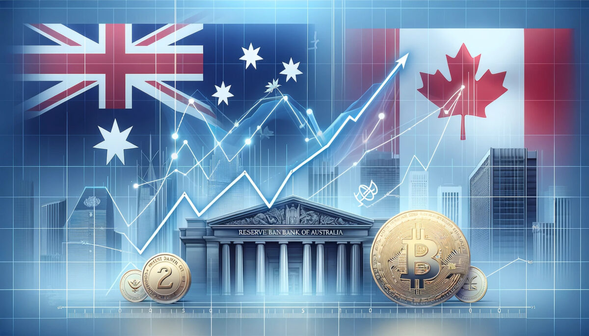 Cover image for Forex Market Outlook 2024 article, showcasing upward trends for AUD and CAD with flags and central bank symbols, titled 'AUD & CAD Rising