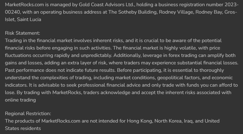 Text from an informative section of MarketRocks, a CFD broker managed by Gold Coast Advisors Ltd. It includes a risk statement on the volatility and inherent risks of financial markets and trading, advising on seeking professional advice and trading responsibly. Not available for certain regions.