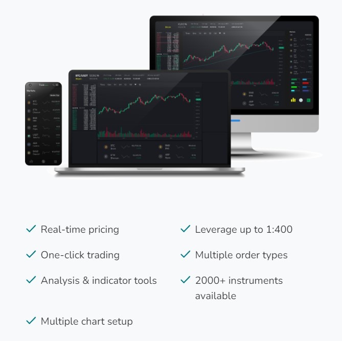 Image showcasing a multi-device display of a trading platform's interface with key features: real-time pricing, one-click trading, various analysis and indicator tools, multiple chart setup options, leverage up to 1:400, multiple order types, and access to over 2000 trading instruments.