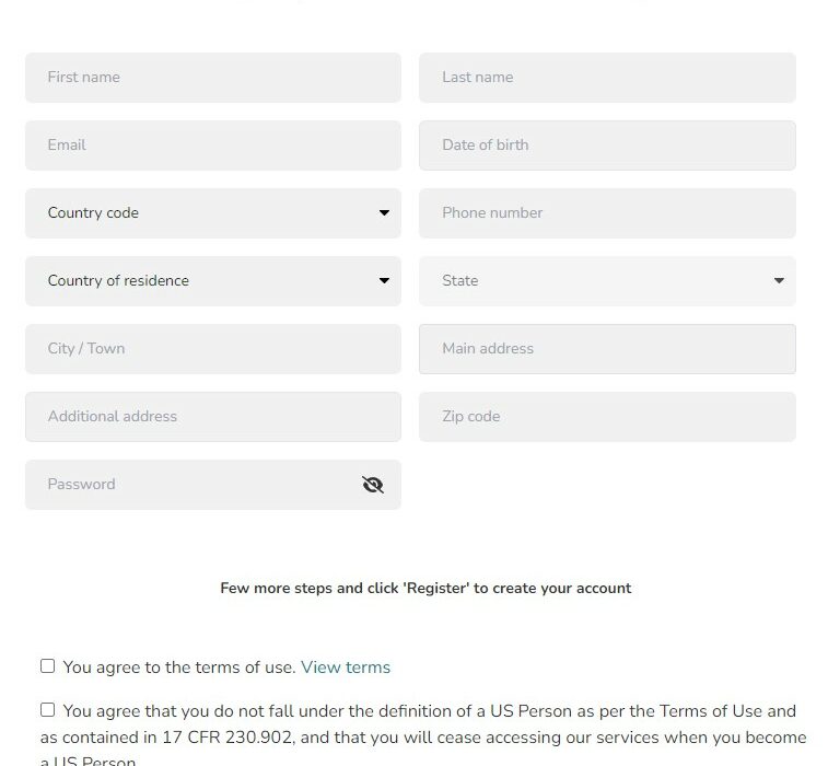 Screenshot of a registration form for MarketRocks, requesting personal details such as name, contact information, and address. It includes terms of use agreement checkboxes, one specifically excluding US Persons as defined in 17 CFR 230.902.