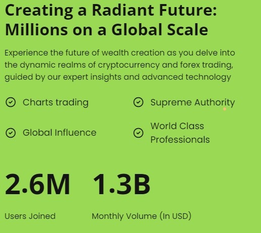 The image displays a promotional or informational graphic with a vibrant green background and contrasting yellow and white text. The header reads "Creating a Radiant Future: Millions on a Global Scale." Below the header, a message states, "Experience the future of wealth creation as you delve into the dynamic realms of cryptocurrency and forex trading, guided by our expert insights and advanced technology."