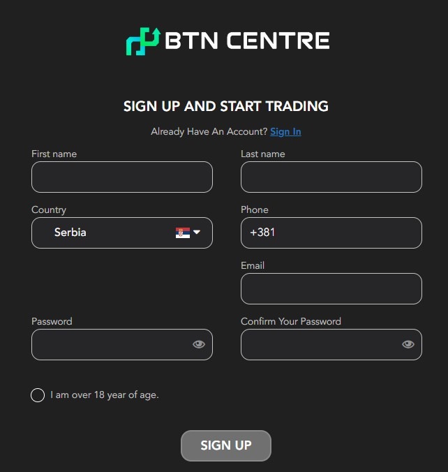 Sign-up form for BTN Centre displayed on a dark-themed webpage. It includes fields for first name, last name, country (pre-filled with Serbia), phone number (starting with +381), email, and password, along with a checkbox confirming the user is over 18. The form is designed to encourage new users to start trading with BTN Centre.