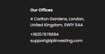Contact information for a company's London office located at 4 Carlton Gardens, SW1Y 5AA, United Kingdom. The image includes a phone number (+18257976664) and an email address (support@lpinvesting.com) against a dark background, designed for easy accessibility to the company's support services.