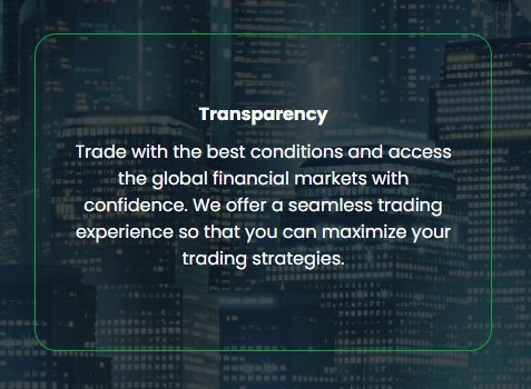 It features a blurred cityscape background with a green overlay and text that promotes trading with confidence and best conditions in the global financial markets, emphasizing a seamless trading experience for maximizing strategies.
