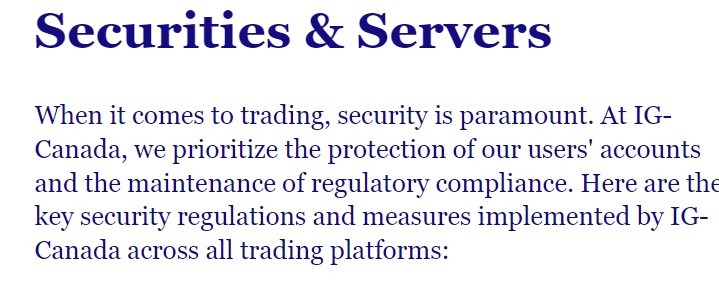 Header reading 'Securities & Servers' followed by text emphasizing the importance of security in trading. It mentions that IG-Canada is committed to protecting users' accounts and maintaining regulatory compliance, and introduces the security regulations and measures in place across all IG-Canada trading platforms.
